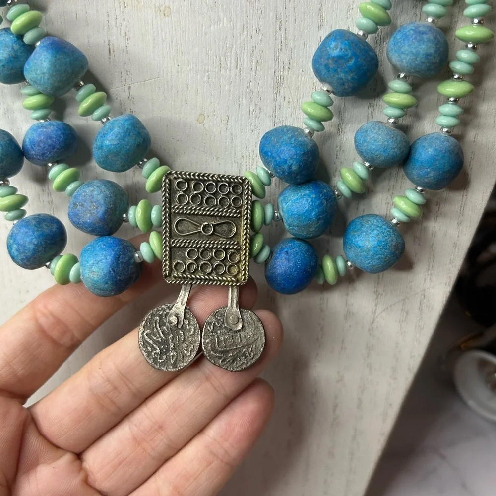 Vintage Boho Turquoise & Mint Chunky Layered Clay Bead & Coin Statement Necklace